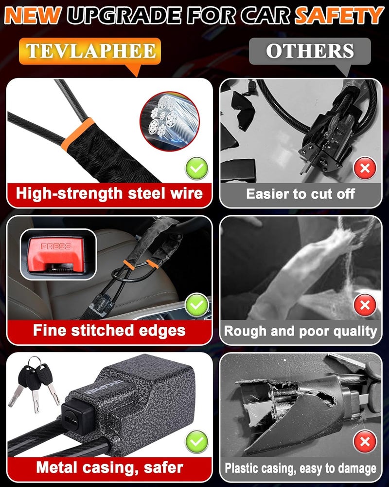Tevlaphee Steering Wheel Lock Seat Belt Lock Universal Anti Theft Car Device Car Lock Car Theft Prevention with 3 Keys for Car Security Fit Most Vehicles Truck SUV Van(Black) - Image 3